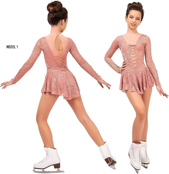 2 Figure Skating Dress, Bundle with Scrunchie/Italian Fabric, Made in Europe Style: A12 / Pink/Size: 4X-Small