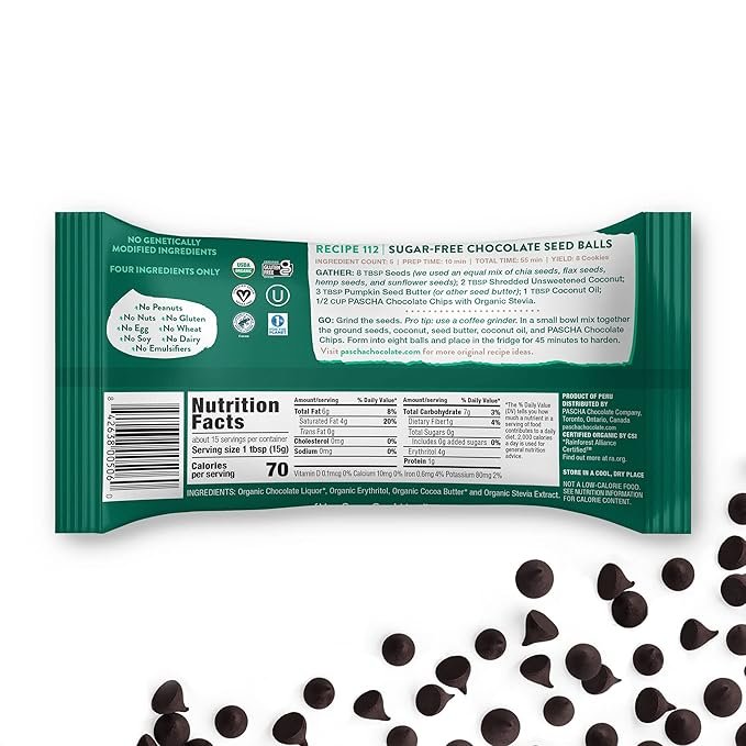 1 Pascha Organic Keto Sugar-Free Bitter Sweet, 70% Cacao Chocolate Baking Chips, UTZ, Gluten Free, Non GMO, Sweetened with Organic Stevia, 6 Pack