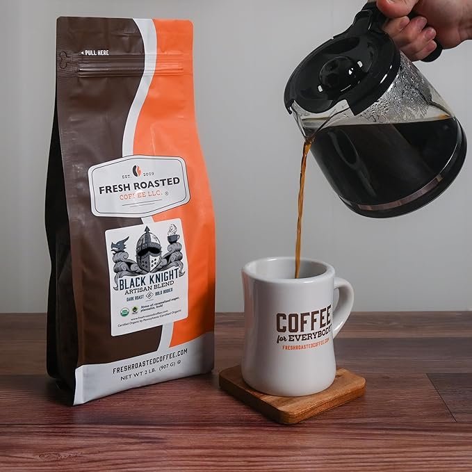 3 Fresh Roasted Coffee, Fair Trade Organic Black Knight, 2 lb (32 oz), Dark Roast, Kosher, Whole Bean