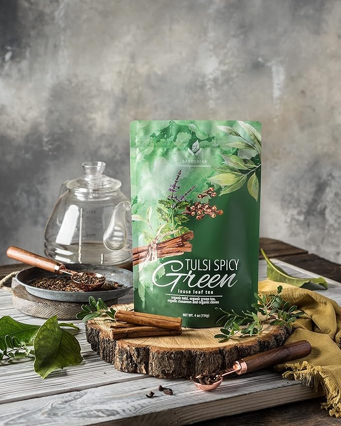 4 Gardenika Organic Green Loose Leaf Tea with Tulsi, Cloves and Cinnamon – Kosher, No Natural or Artificial Flavors – 4 oz