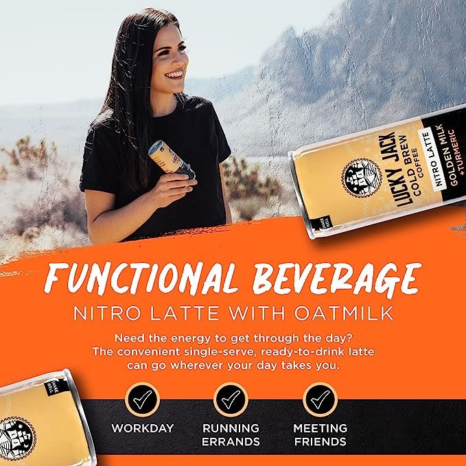 1 Lucky Jack Turmeric Cold Brew Latte with Oat Milk - Nitro Infused, 130mg Caffeine Per Serving - Certified Organic, Gluten Free, Nut Free, Kosher – 12 Pack, 7.5oz Cans