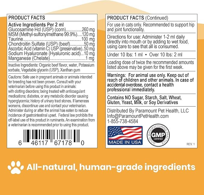 2 100% Natural Glucosamine for Cats - Pain Relief for Cats - Cat Hip and Joint Supplement Liquid - 260mg Glucosamine Chondroitin for Cats