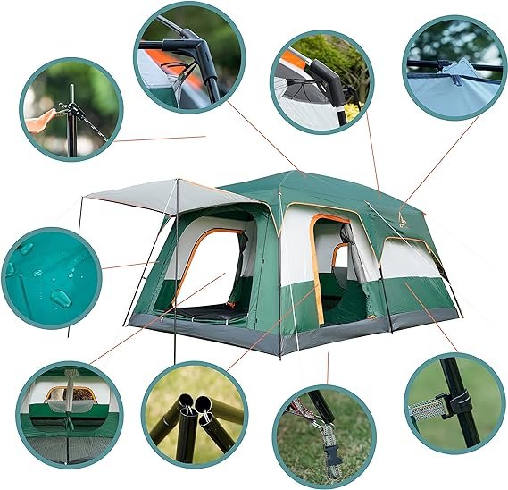 2 KTT Extra Large Tent 12 Person(Style-B),Family Cabin Tents,2 Rooms,Straight Wall,3 Doors and 3 Windows with Mesh,Waterproof,Double Layer,Big Tent for Outdoor,Picnic,Camping,Family Gathering