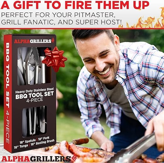 4 Grill-Master Tool Set: Sturdy BBQ Essentials - Essential 4-Piece Grill Kit with Spatula, Fork, Brush, and Tongs - Perfect Gifts for Father - Robust and Long-lasting Stainless Steel Grill Tools