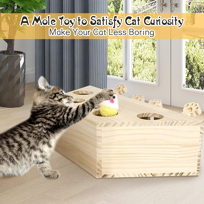 1 kathson Cat Enrichment Toys for Indoor Cats, Solid Wood Kitten Whack A Mole Interactive Box Catch Mice Game Cat Puzzle Toy for All Ages Cats Kittens Exercise Puzzle Relieve Boredom