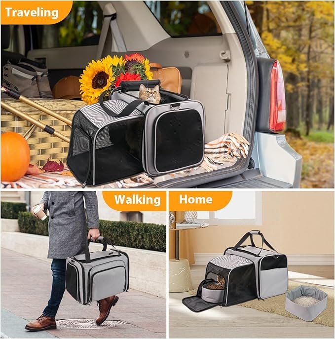2 A.FATI Cat Carrier with Litter Box, Cat Travel Carrier with Litter Box, Expandable Cat Carrier for Car with Bowl, Soft Sided Cat Carrier for Cats/Puppies up to 20 lb