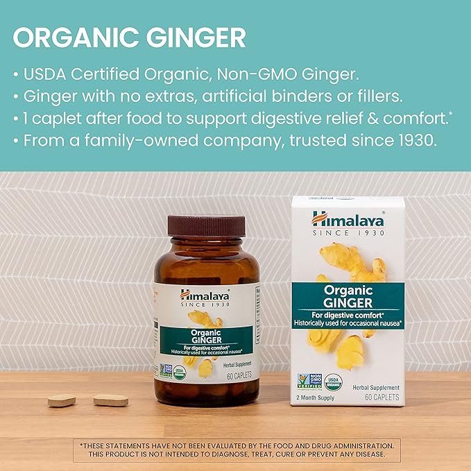 1 Himalaya Organic Ginger Supplement Equivalent to 4,766 mg of Ginger Powder for Nausea, Gas and Occasional Upset Stomach, 2 Month Supply, 60 Caplets