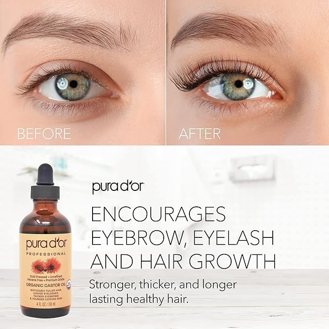 2 PURA D'OR Organic Castor Oil (4oz + 2 BONUS Pre-Filled Eyelash & Eyebrow Brushes) 100% Pure, Cold Pressed, Hexane Free Serum For Fuller, Thicker Lashes & Brows & Moisturizes Skin