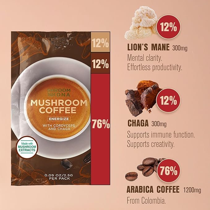 1 ShroomDNA Organic Mushroom Coffee with Lions Mane and Chaga Mushrooms, Instant Coffee. Instant Focus + Clarity All Day. Vegan, Gluten Free,No Added Sugar | USDA Certified Organic (12 Count Pack)