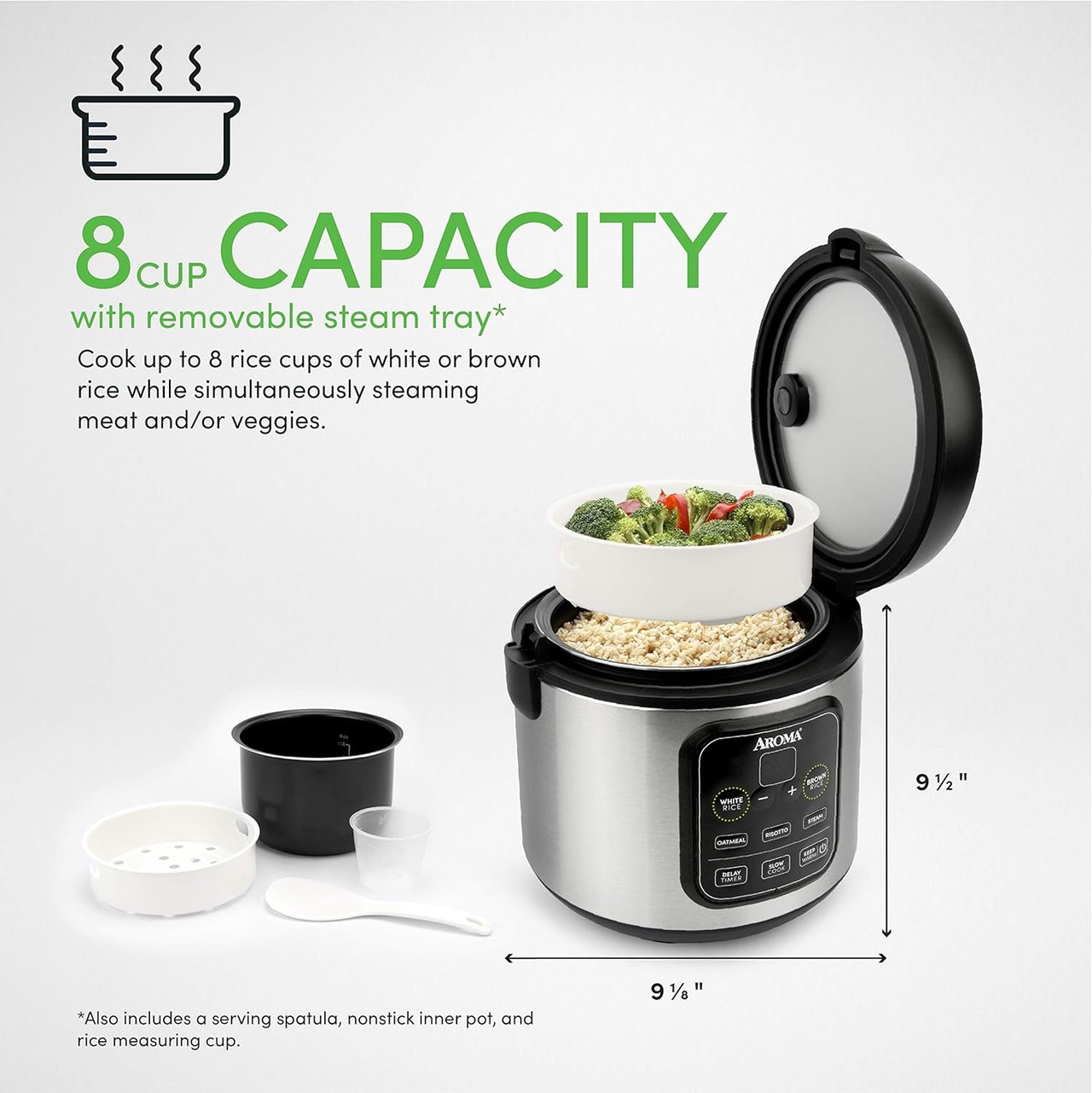 4 Aroma Housewares ARC-994SB Rice & Grain Cooker Slow Cook, Steam, Oatmeal, Risotto, 8-cup cooked/4-cup uncooked/2Qt, Stainless Steel