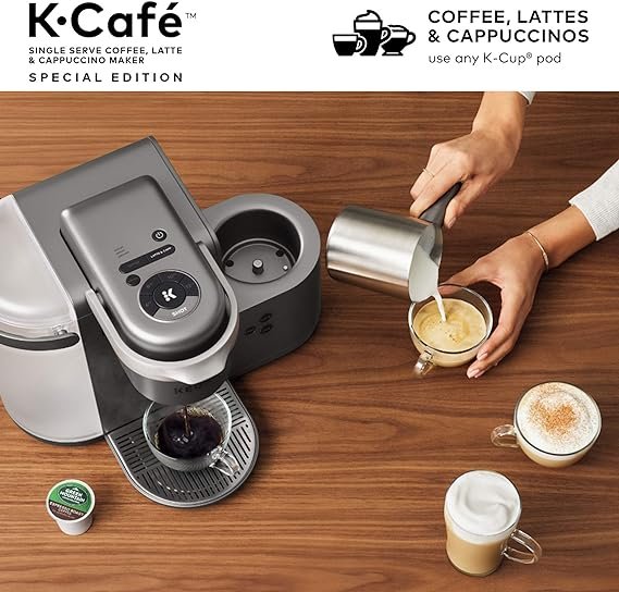2 Keurig K-Cafe Premium Single Serve K-Cup Pod Coffee, Latte, and Cappuccino Maker with Milk Frother, Shot Capability, Nickel (Dishwasher Safe)