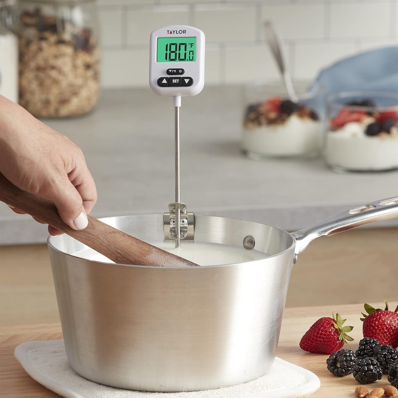 5 Taylor Programmable Digital Candy and Deep Fry Thermometer with Green Light Alert Display and Adjustable Pan Clip