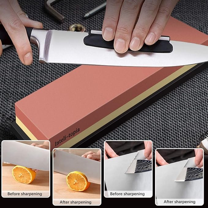 3 Knife Sharpening Stone Kit – Two-sided Abrasive Block 400/1000 3000/8000 Top-grade Blade Sharpener with Buffing Strip, Refurbishing Block, Sustainable Base, 3 Skid-proof Pads & Inclination Assistance