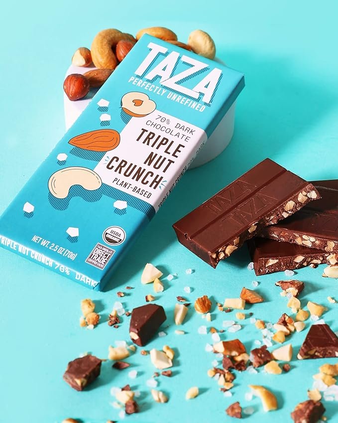 3 Taza Chocolate Organic Smooth & Crunchy Bars 70% Stone Ground, Triple Nut Crunch 2.5 Ounces (10 Count), Vegan