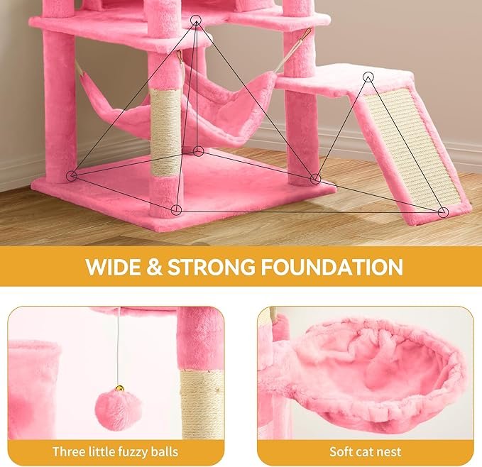 4 YITAHOME Cat Tree Tower for Indoor Cats, 75in Tall Multi-Level Cat Climbing Tower with Cat Condos, Top Perches, Hammock, Sisal Scratching Posts and Board, Kittens Play Activity Center,Pink