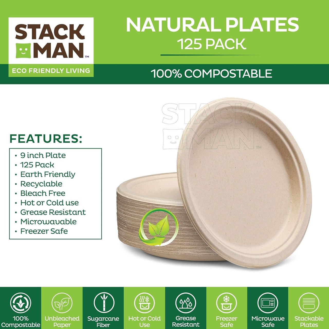 4 100% Compostable 9 Inch Paper Plates [125-Pack] Heavy-Duty Plate, Natural Disposable Bagasse Plate, Eco-Friendly Made of Sugarcane Fibers - Natural Unbleached Brown 9" Biodegradable Plate by Stack Man