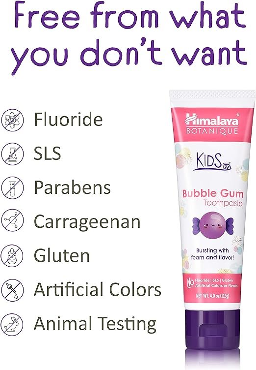 3 Himalaya Botanique Kids Toothpaste, Bubble Gum Flavor to Reduce Plaque and Keep Kids Brushing Longer, Fluoride Free, 4 oz