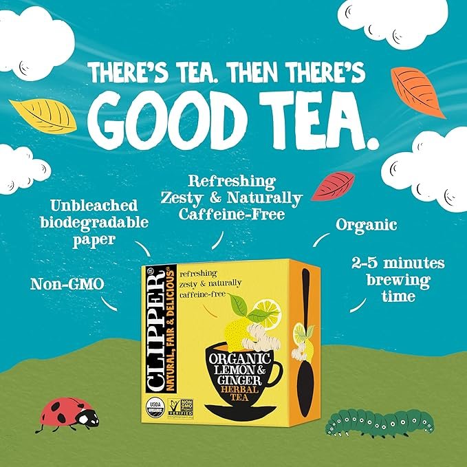 1 Clipper Tea Lemon & Ginger Teabags – Caffeine Free, USDA Organic, Great Hot or Iced – Aromatic, Natural, Fair & Delicious – 50 Tea Bags