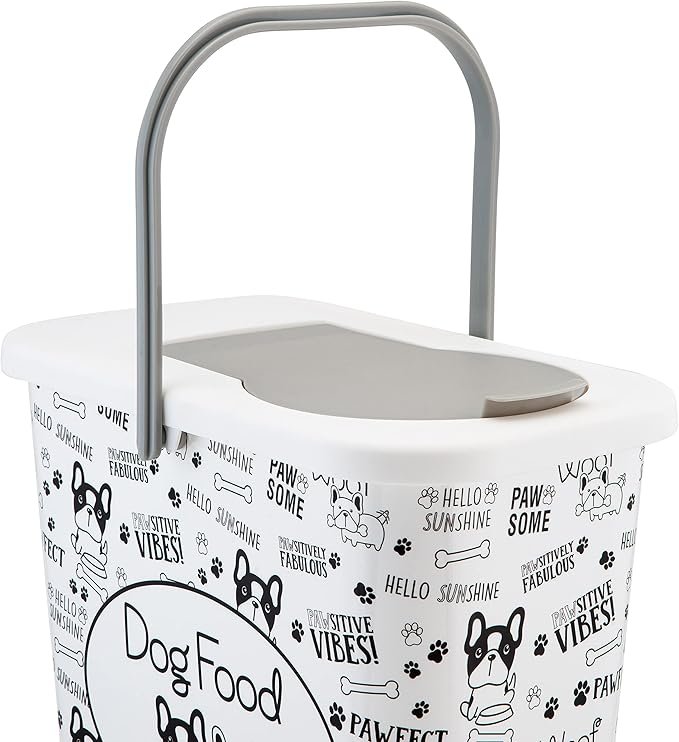 3 Pounce + Fetch 3 Gallon Pet Dry Food Container with Scooper | Dog Food Organizer | Helps Organize Pantry and Cabinets | Dog & Puppy Print Design | Carrying Handle | Flip Top Lid,White