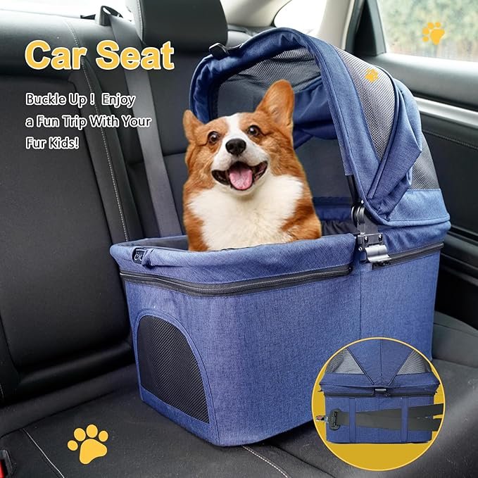 4 HOVNIA 3 in 1 Dog Stroller, Lightweight Foldable Pet Stroller, 4 Wheels Dog Cat Stroller with Removable Travel Carrier, No-Zip Canopy, Cup Holder, Large Storage Basket for Small Pet - Blue