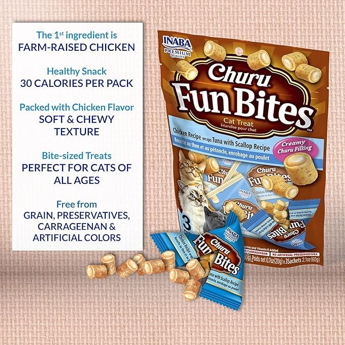 2 INABA Churu Fun Bites for Cats, Grain-Free, Soft/Chewy Baked Chicken Wrapped Churu Filled Cat Treats, 0.7 Ounces Each Pack, 1 Bag of 3 Packs, Chicken Recipe