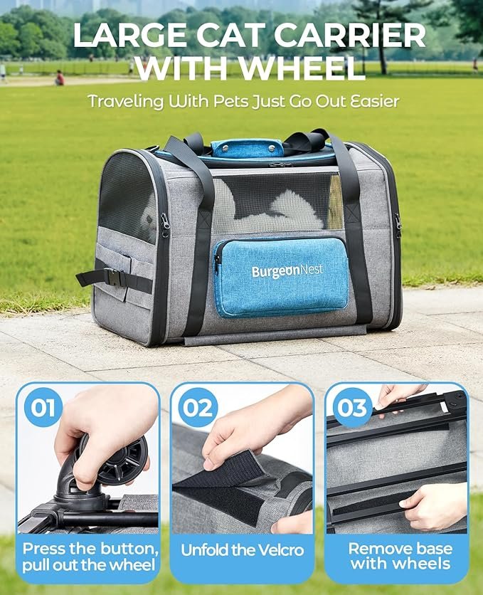 1 BurgeonNest Cat Carrier with Wheels, Pet Carrier for Dogs 25 lbs with Telescopic Handle, Small Dog Carrier with Wheels Removable, Soft Rolling Cat Carrier with Large Pocket for Travel Vet Visits