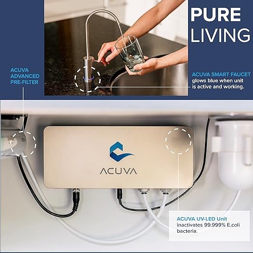 2 Acuva- ArrowMax 1.0 PureFlow Water Purification System, Compact Under Sink Filtration with Intelligent Tap, Multifunctional Power Source, Sleek Brushed Nickel Finish