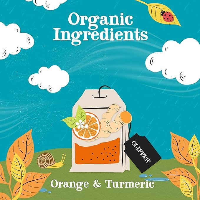 2 Clipper Tea, Orange & Turmeric, Organic Tea with Licorice Root, Orange Peel and Hibiscus, Plant Based Herbal Tea, Caffeine Free British Tea, 1 Pack, 20 Unbleached Tea Bags