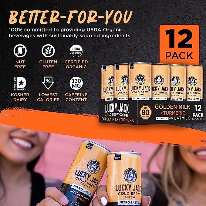 2 Lucky Jack Turmeric Cold Brew Latte with Oat Milk - Nitro Infused, 130mg Caffeine Per Serving - Certified Organic, Gluten Free, Nut Free, Kosher – 12 Pack, 7.5oz Cans