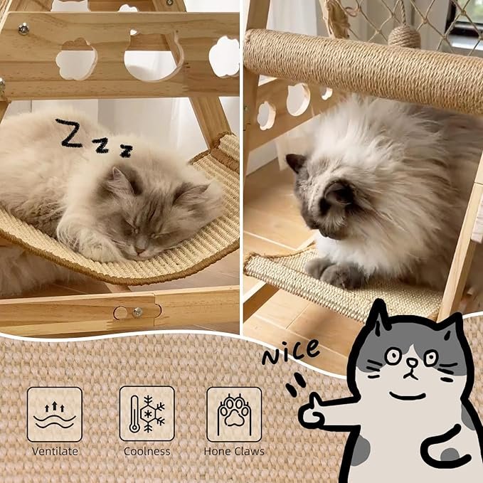 2 Cat Tower for Indoor Cats with Hammock Straching Post Climbing Web and Danging Sisal Ball, Cute Solid Wood Cat Tree