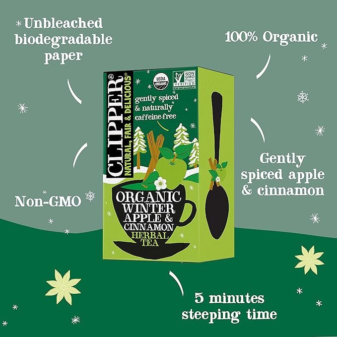 1 Clipper Tea, Winter Apple & Cinnamon, Organic Tea with Lemongrass, Licorice Root, and Hibiscus, Plant Based Herbal Tea, Caffeine Free British Tea, 1 Pack, 20 Unbleached Tea Bags