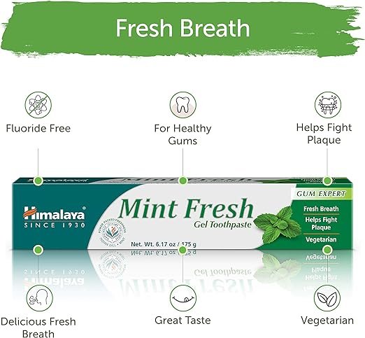 2 Himalaya Mint Fresh Gel Toothpaste, Fluoride Free to Reduce Plaque & Brighten Teeth, 6.17 oz, 2 Pack