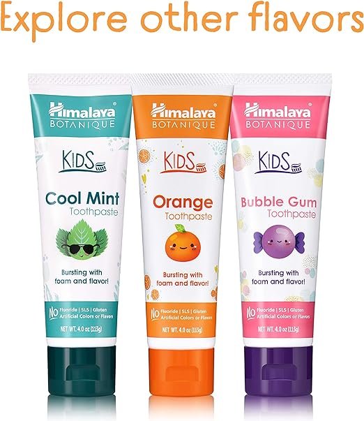 4 Himalaya Botanique Kids Toothpaste, Orange Flavor to Reduce Plaque and Keep Kids Brushing Longer, Fluoride Free, 4 oz
