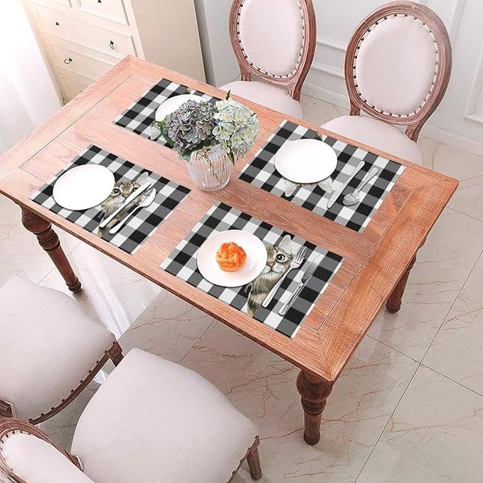 3 Check Funny Cat Table Placemats for Dining Table Set of 4 Washable 12x18 Inch Kitchen Decor Non Slip Heat-Resistant PVC Washable Table Mats Durable Placemats