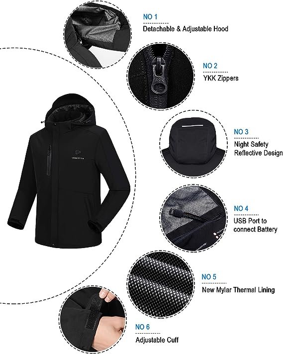 2 Venustas Battery-Powered Men's Heated Jacket, Windproof Coat with Removable Hood