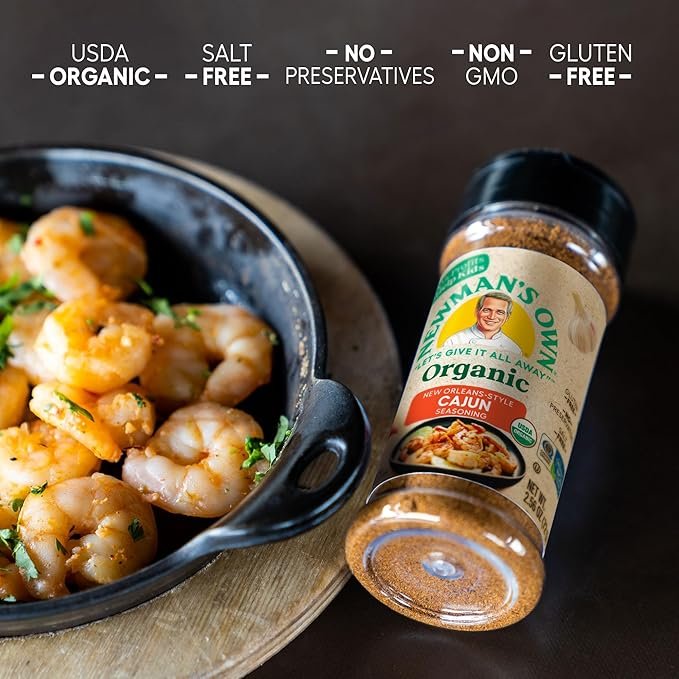 1 Newman's Own Organic New Orleans-Style Cajun Seasoning; Perfect Spices for Hot Wings, Crawfish Boil and to add a kick to your dishes; USDA Certified Organic; Salt Free; Non-GMO; Gluten-Free; 2.56 Oz Bottle