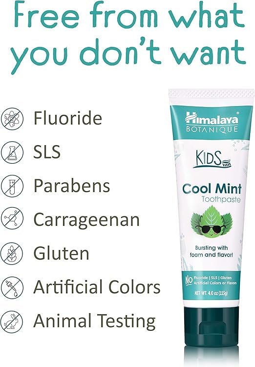 2 Himalaya Botanique Kids Toothpaste, Cool Mint Flavor to Reduce Plaque and Keep Kids Brushing Longer, Fluoride Free, 4 oz
