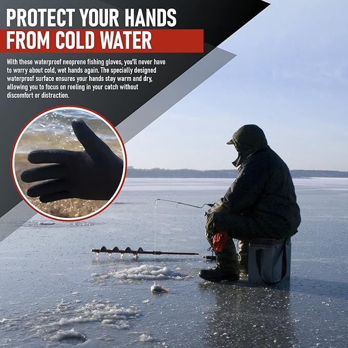 2 Waterproof neoprene gloves for men, ideal for fishing activities on ice. The gloves' textured grip palm offers excellent control, and the soft lining ensures comfort. Suitable for fishing in wet conditions, the gloves are designed to fit most hand sizes, from L to XL.