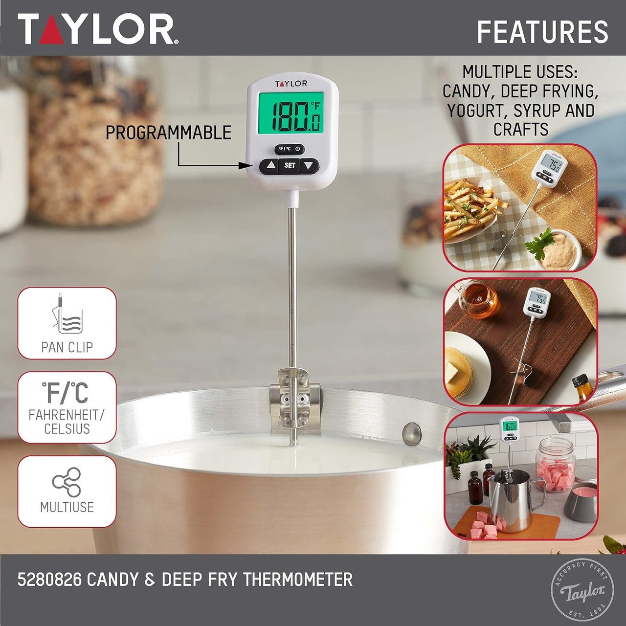 1 Taylor Programmable Digital Candy and Deep Fry Thermometer with Green Light Alert Display and Adjustable Pan Clip