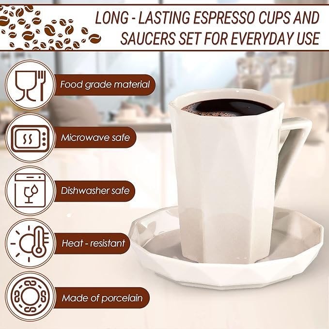 1 Ivory White Ceramic Espresso Cups Set of 4, Including Saucers - Includes a Complimentary Poster Displaying Various Espresso Drink Recipes - Contemporary Dishwasher Safe Coffee Cups - 3.5 oz Capacity Each - Presented in a Gift Box, Suitable for Any Event