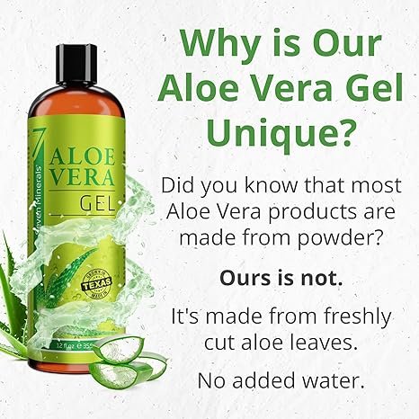 1 Seven Minerals Freshly Cut Pure Aloe Organic Gel - Large 12oz Size - Premium Quality, Produced in Texas, Plant-Based, Fragrance-Free - Ideal for Face, Skin, Hair, Soothing Sunburns