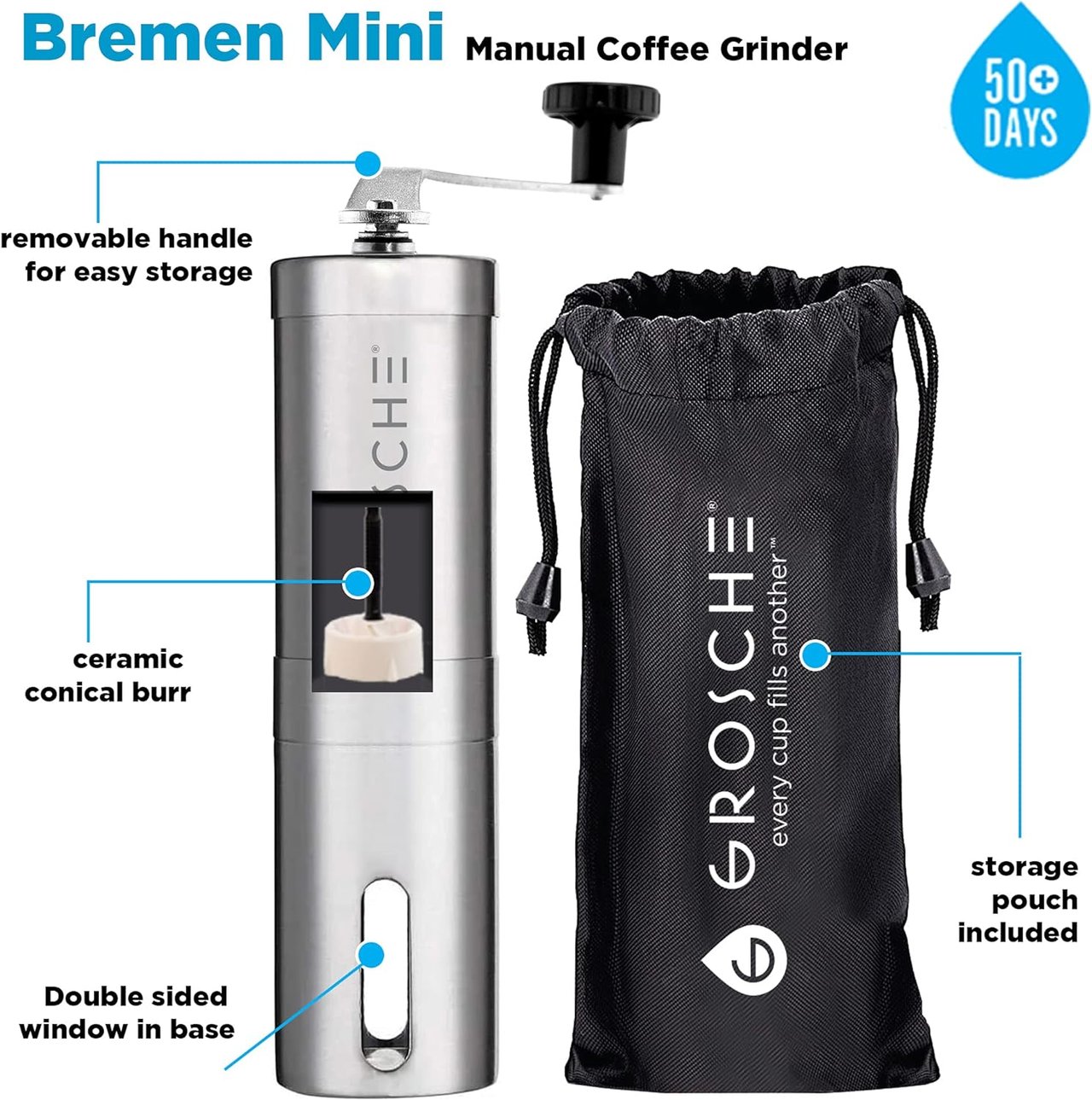 1 Bremen Mini Portable Stainless Steel Coffee Grinder and Spice Mill - Ideal for Travel, Camping. Adjustable Grind Size, Coarse to Fine. Includes Carry Pouch.