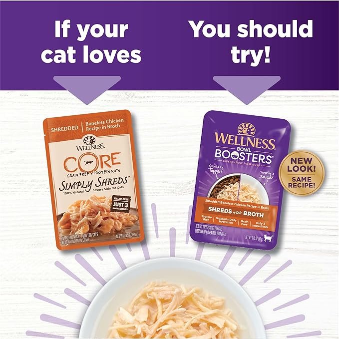 1 Wellness Bowl Boosters Wet Cat Topper, Shredded Chicken in Broth, 1.75 Ounce (Pack of 12)