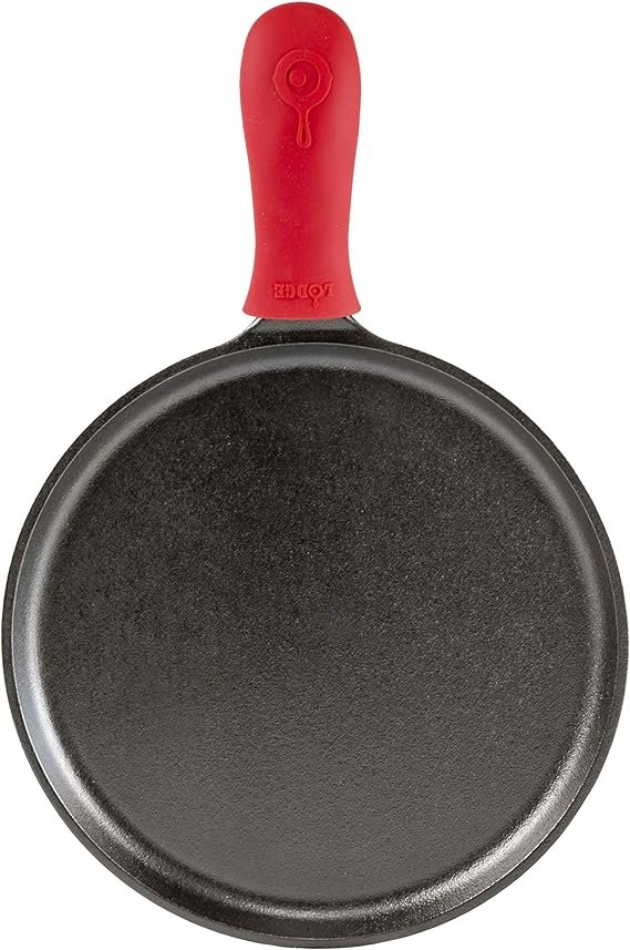 1 Round Griddle with Red Silicone Hot Handle Holder, 10.5-inch - Lodge Cast Iron