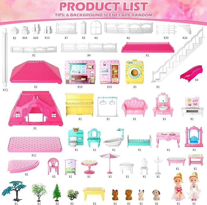 2 Doll House, Dream House Furniture Pink Girl 4 Stories 10 Rooms Dollhouse with 2 Princesses Slide Accessories, Toddler Playhouse Gift for 3-10 Year Old Girls.