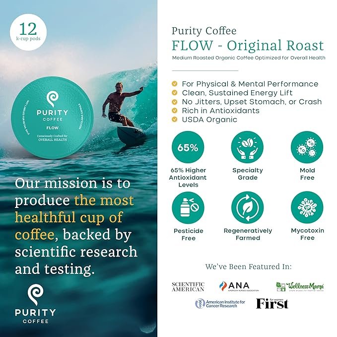 1 Purity Coffee FLOW Medium Roast Organic Coffee - USDA Certified Organic Specialty Grade Arabica Single-Serve Coffee Pods - Third Party Tested for Mold, Mycotoxins and Pesticides - 12 ct Box