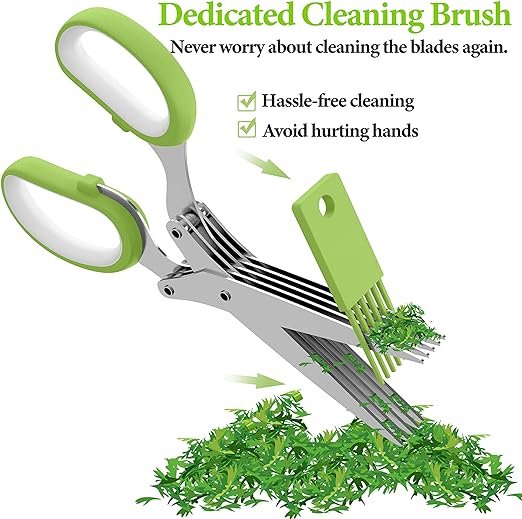 5 Herb Scissors, Kitchen Herb Shears Cutter with 5 Blades and Cover, Sharp Dishwasher Safe Kitchen Gadget - Green