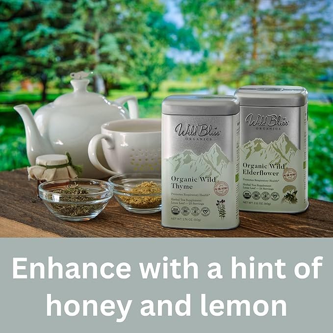 3 Respiratory and Bronchial Wellness Tea - Organic Wild Elderflower and Thyme Immune Support - 50 Servings