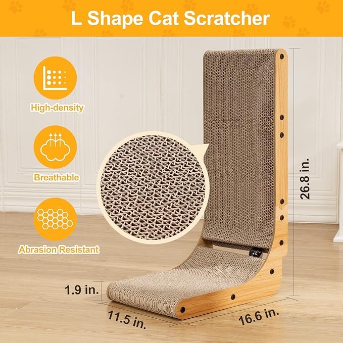3 L Shape Cat Scratcher, 26.8 Inch Cat Scratchers for Indoor Cats, Protecting Furniture Cat Scratch Pad, Cardboard Cat Scratching with Ball Toy, Catnip, Large