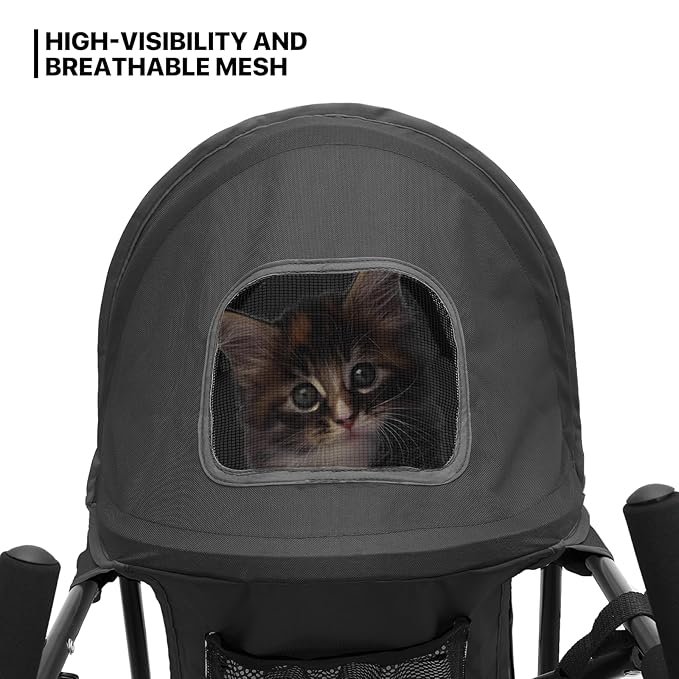 4 MoNiBloom 4 Wheels Pet Stroller, Easy-Fold Puppy Cage Jogger Stroller with Sun Cover, Pad and Rear Storage Bag, Breathable and Visible Mesh for Small/Medium Pets up to 22 lbs, Balck